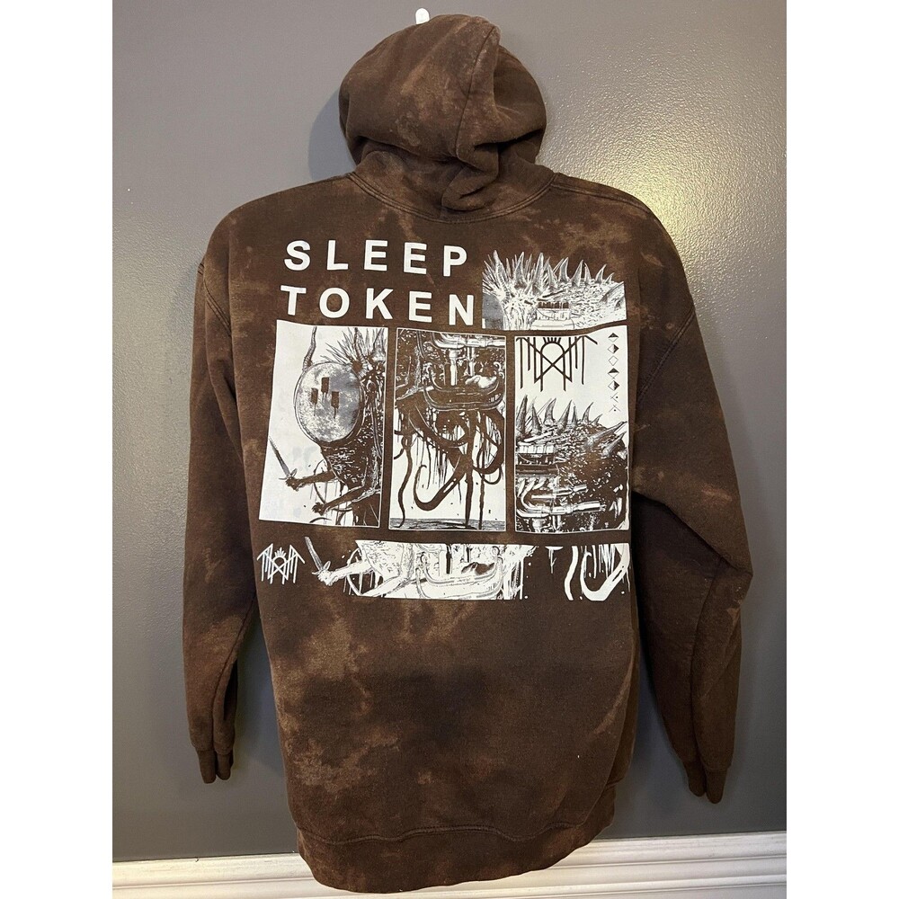 Sleep Token Hoodie Mens Large Brown Bleach Tie Dye Graphic Fleece Sweatshirt